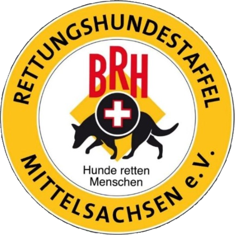 Logo der Rettungshundestaffel Mittelsachsen e. V., runder, gelber Kreis mit Hunde-Icon