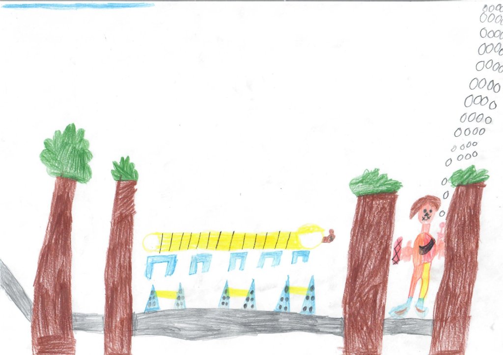 Buntes Kinderbild: Eine Person steht zwischen hohen Bäumen im Wald und lässt einen Rettungshund über eine Brücke mit Hindernissen laufen. Der Hund bewegt sich über verschiedene Elemente, während die Person ihn anleitet.